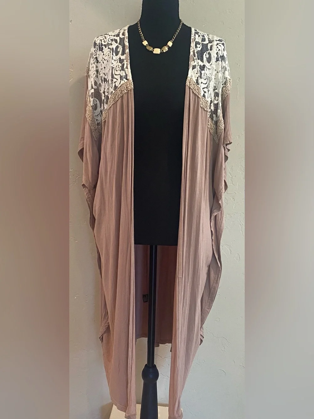 POL Dusty Mauve/ Taupe Draped Sleeveless Kimono w/ Antique White Lace Yoke SM. - Picture 1 of 7